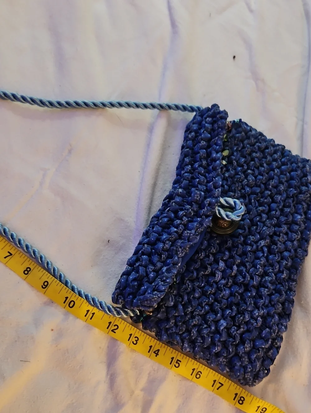 Handwoven Blue Crochet Shoulder Bag with Button Closure